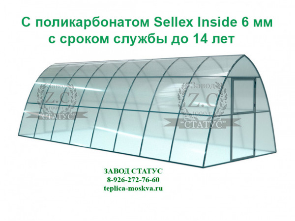 Теплица каплевидная 2.5 на 8 с поликарбонатом Sellex Inside 6 мм. из профиля 25 на 25, шаг 1м. 