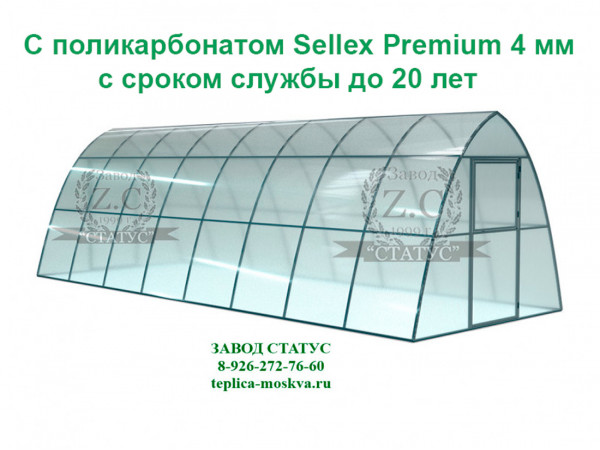 Теплица каплевидная 3 на 8 с поликарбонатом Sellex Premium 4 мм. из профиля 25 на 25, шаг 1м. 